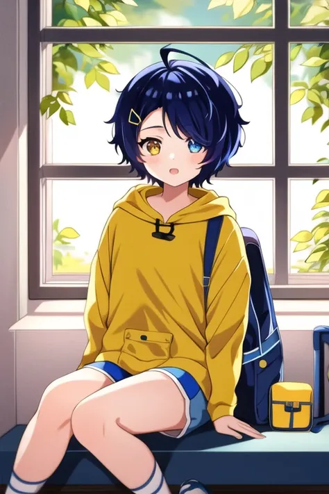 1girl, masterpiece, best quality, ultra-detailed, ray tracing, perfect lighting, (shiny skin:1.2), Ai_Ohto0 1girl <lora:Ohto_LoRa:1>, blue_hair, short_hair, hair_ornament, ahoge, hairclip, heterochromia, blue_eyes, yellow_eyes, hood, hoodie, yellow_hoodie, shoes, shorts, hood down, blue_shorts,bag, indoors, day, window,