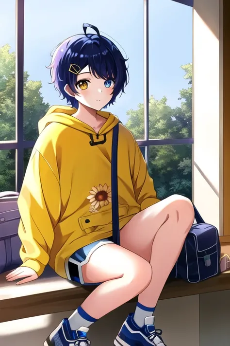 1girl, masterpiece, best quality, ultra-detailed, ray tracing, perfect lighting, (shiny skin:1.2), Ai_Ohto0 1girl <lora:Ohto_LoRa:1>, blue_hair, short_hair, hair_ornament, ahoge, hairclip, heterochromia, blue_eyes, yellow_eyes, hood, hoodie, yellow_hoodie, shoes, shorts, hood down, blue_shorts,bag, indoors, day, window,