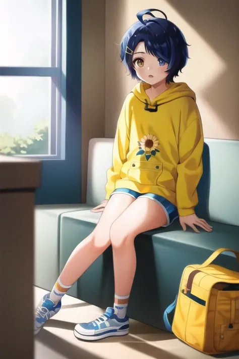 1girl, masterpiece, best quality, ultra-detailed, ray tracing, perfect lighting, (shiny skin:1.2), <lora:Ohto_LoRa:1>, blue_hair, short_hair, hair_ornament, ahoge, hairclip, heterochromia, blue_eyes, yellow_eyes, hood, hoodie, yellow_hoodie, shoes, shorts, hood down, blue_shorts,bag, indoors, day, window, young,