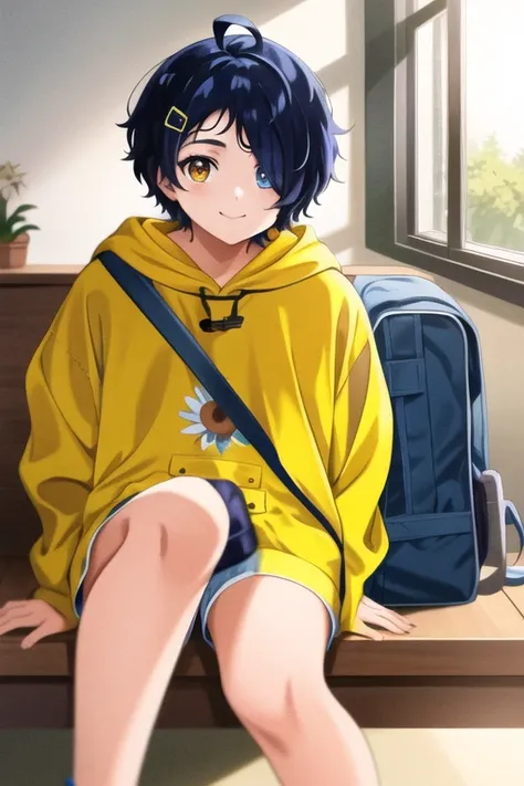 masterpiece, best quality, ultra-detailed, ray tracing, perfect lighting, (shiny skin:1.2), 1girl, solo, <lora:Ohto_LoRa:1>,  blue_hair, short_hair, hair_ornament, ahoge, hairclip, heterochromia, blue_eyes, yellow_eyes, hood, hoodie, yellow_hoodie, shoes, shorts, hood down, blue_shorts,bag, indoors, day, window, young, light smile,