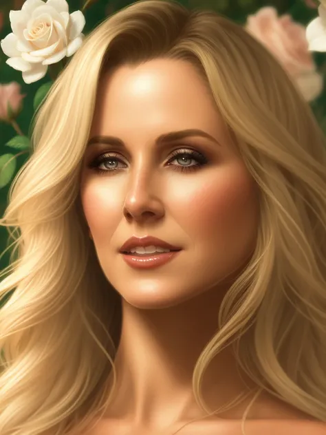 <lora:Julia_Ann:0.7>
a woman, 45 years old, blonde, Woman smelling a flower, roses everywhere, highly detailed, digital painting, artstation, concept art, smooth, sharp focus, illustration, art by artgerm and greg rutkowski and alphonse mucha