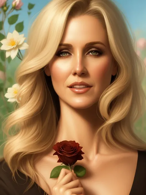<lora:Julia_Ann:0.7>
a woman, 45 years old, blonde, Woman smelling a flower, roses everywhere, highly detailed, digital painting, artstation, concept art, smooth, sharp focus, illustration, art by artgerm and greg rutkowski and alphonse mucha