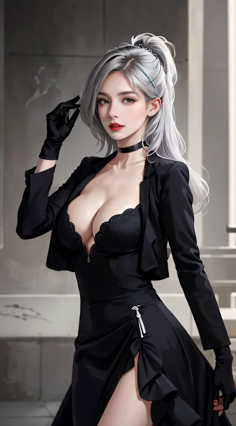 Girl portrait photography, Realistic, High resolution, 1 female, alone,full body shot, Beautiful Eyes, Close your lips, Detailed face, Gray Hair, Long Hair, Collared shirt, Black tie,Black Skirt, Pencil Skirt, Fur coat, stockings,(Black lace panties are visible)