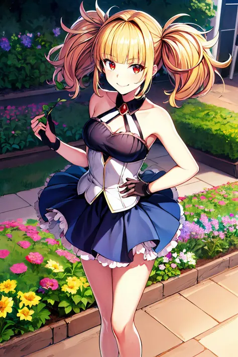 masterpiece, best quality, highres, 1girl, solo, Hlokk, twintails, blonde hair, red eyes, short hair, jewelry, pleated skirt, clothing cutout, <lora:Hlokk:0.62>, community garden, vegetable patches, blooming flowers, gardening, looking at viewer, light smile, <lora:add_detail:0.5>