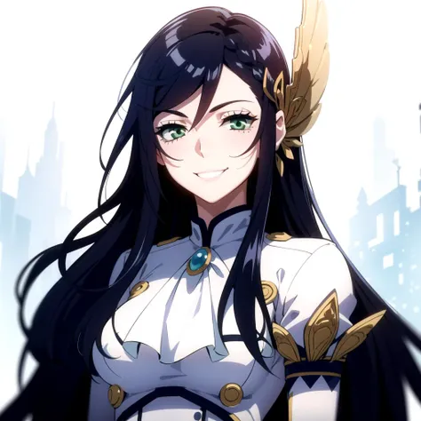 1girl, solo, green eyes, black hair, white dress, long hair, valkyrie, hair ornament, smile, upper body, <lora:Brunhild:0.6>