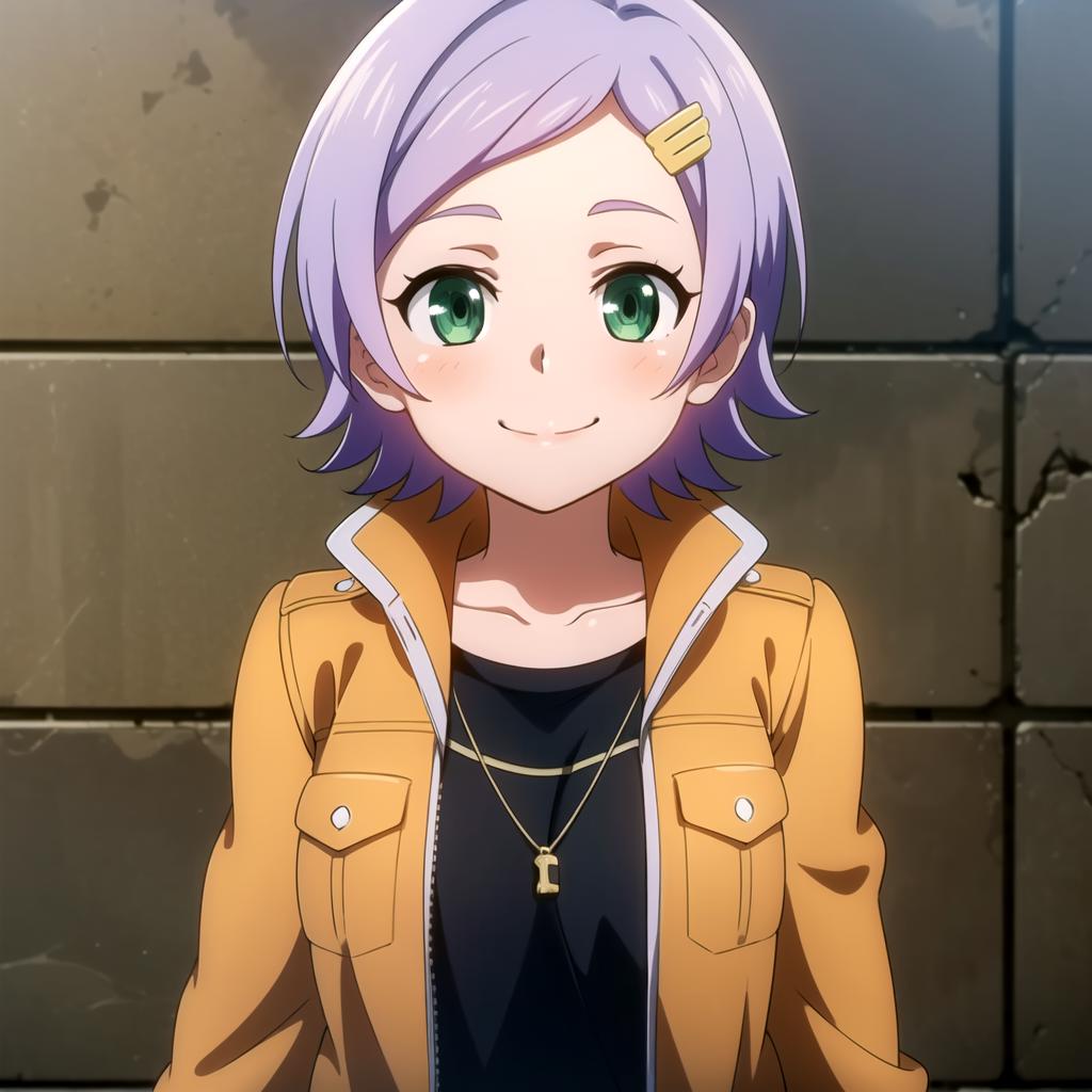 A close up of a person with purple hair and a yellow jacket - SeaArt AI