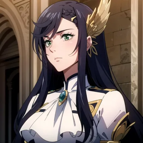 1girl, solo, green eyes, black hair, white dress, long hair, valkyrie, hair ornament, expressionless, upper body, <lora:Brunhild:0.6>