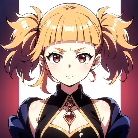 1girl, solo, twintails, blonde hair, red eyes, short hair, jewelry, pleated skirt, clothing cutout, <lora:Hlokk:0.6>, expressionless, portrait, upper body