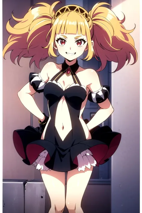 1girl, solo, twintails, blonde hair, red eyes, short hair, jewelry, pleated skirt, clothing cutout, <lora:Hlokk:0.6>, smile