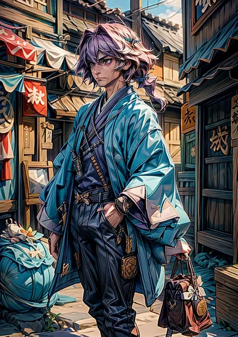 , masterpiece,best quality,solo, ultra detailed,purple eyes, (otoko no ko), (fair skin:1.11) ,(bulge), (wide hips:1.0),(thick thighs:1.0), wet, oiled, wet skin, (skindentation), jewelry, bracelet, brown belt, cyan hair, long hair, steam, short_sleeves, , flower hair ornament, sweat, border, chain, hairclip ,bowtie, shiny skin,,<lora:aasAstolfoLora_aaAstolfoV4:1>,<lora:GoodHands-vanilla:1.3>, ( weapon, katana):1.4, <lora:Shinsengumi_Haori:0.8> Shinsengumi Haori, ancient tokyo street, light bub ,lamp