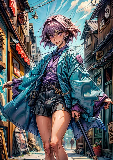 , masterpiece,best quality,solo, ultra detailed,purple eyes, otoko no ko, (fair skin:1.11) ,(bulge), (wide hips:1.0),(thick thighs:1.0), wet, oiled, wet skin, (skindentation), jewelry, bracelet, brown belt, cyan hair, long hair, steam, short_sleeves, , flower hair ornament, sweat, border, chain, hairclip ,bowtie, shiny skin,,<lora:aasAstolfoLora_aaAstolfoV4:1>,<lora:GoodHands-vanilla:1.3>, ( weapon, katana):1.4, <lora:Shinsengumi_Haori:0.8> Shinsengumi Haori, ancient tokyo street, light bub ,lamp