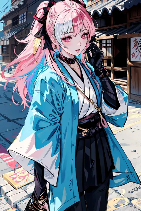 <lora:Shinsengumi_Haori:0.8> Shinsengumi Haori,masterpiece, best quality, 1girl, solo, long hair, (Shinsengumi), twin tails, hair buns, two tone hair, multicolored hair, pink hair, two colored hair, streaked hair, gold hair, gold eyes, bangs, makeup, black lipstick, mascara, eyeshadow, cross necklace, hair bow, lace gloves, fishnets, black leggings, dynamic angle, side lighting, shiny skin, detailed eyes, detailed face, water flowing, wind swept hair, glitter ,