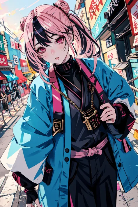 <lora:Shinsengumi_Haori:0.8> Shinsengumi Haori,1girl, solo, long hair, (Shinsengumi), twin tails, hair buns, two tone hair, multicolored hair, pink hair, two colored hair, streaked hair, gold hair, gold eyes, bangs, makeup, black lipstick, mascara, eyeshadow, cross necklace, hair bow, lace gloves, fishnets, black leggings, dynamic angle, cyberpunk, city view, side lighting, shiny skin, detailed eyes, detailed face,