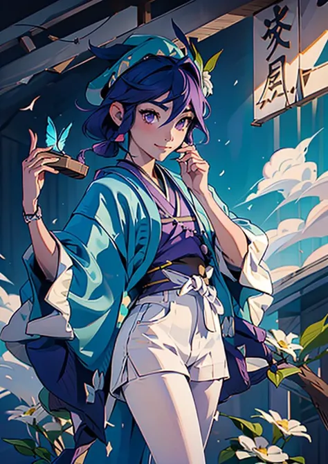 masterpiece,best quality,solo, ultra detailed,purple eyes, otoko no ko ,(bulge:1.2), (wide hips:1.0),(thick thighs:1.0),, venti, lyre, black hair, hat, smile, braid, twin braids, gradient hair, multicolored hair, instrument, , vision (genshin impact), blue hair, green headwear, beret, white pantyhose, bangs, butterfly, holding instrument, white flower, short hair with long locks, night, <lora:venti:0.5> , ,<lora:GoodHands-vanilla:1.3>,<lora:Shinsengumi_Haori:0.8> Shinsengumi Haori, ancient tokyo street, light bub ,lamp