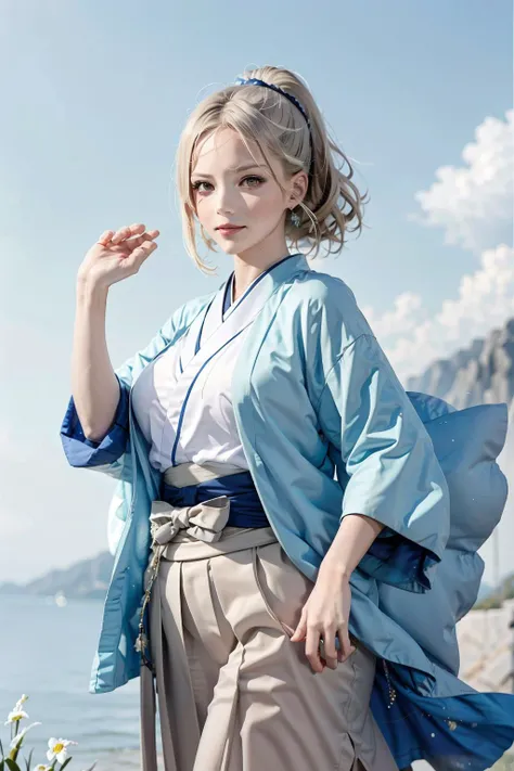 (masterpiece, top quality, best, official art, beautiful and aesthetic, long exposure:1.3), fluid movement, captivating patterns, absurdres,1girl, (Shinsengumi:1.2), (wearing deep blue (Shinsengumi Haori:1.4) gown and (hakama long skirt:1.2), (long sleeves:1.3)),  looking afar, portrait, solo, upper body, 
floating particles, ethereal dynamic, wind, grasslands background, blue, red, ethereal atmosphere, (crystallineAI:0.8), <lora:blindbox_v1_mix:0.45> ,<lora:CrystallineAI:0.55>,
BREAK (blond hair, short hair, split ponytail:1.1) ,huge breasts, <lora:Shinsengumi_Haori:0.8>, smile,, dynamic pose