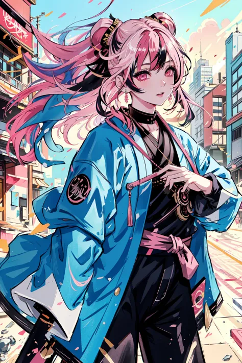 <lora:Shinsengumi_Haori:0.8> Shinsengumi Haori,1girl, solo, long hair, (Shinsengumi), twin tails, hair buns, two tone hair, multicolored hair, pink hair, two colored hair, streaked hair, gold hair, gold eyes, bangs, makeup, black lipstick, mascara, eyeshadow, cross necklace, hair bow, lace gloves, fishnets, black leggings, dynamic angle, cyberpunk, city view, side lighting, shiny skin, detailed eyes, detailed face, water flowing, wind swept hair, glitter ,
