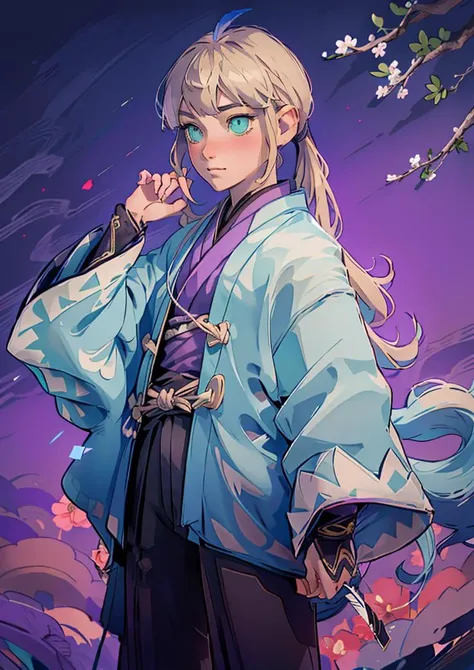 , masterpiece,best quality,solo, ultra detailed,purple eyes, (otoko no ko), (fair skin:1.11) ,(bulge), (wide hips:1.0),(thick thighs:1.0), captain nemo \(fate\), blonde hair, blue hair, multicolored hair, gradient hair, bangs, blunt bangs, green eyes, very long hair, hair down, otoko no ko, 1boy,<lora:ch-captainnemo:1>,<lora:GoodHands-vanilla:1.3>, ( weapon, katana):1.4, <lora:Shinsengumi_Haori:0.8> Shinsengumi Haori, ancient tokyo street, light bub ,lamp