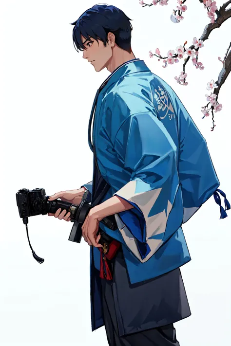 <lora:Shinsengumi_Haori:0.8> Shinsengumi Haori, 1boy, male focus, from the side, holding, holding a camera, pov, emblem, shirt, solo,