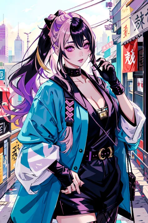 <lora:Shinsengumi_Haori:0.8> Shinsengumi Haori,1girl, solo, long hair, (Shinsengumi), twin tails, hair buns, two tone hair, multicolored hair, pink hair, two colored hair, streaked hair, blonde hair, gold eyes, bangs, makeup, black lipstick, lips, lipstick, purple hair, mascara, eyeshadow, cross necklace, hair bow, lace gloves, fishnets, black leggings, dynamic angle, cyberpunk, city view, side lighting, shiny skin, detailed eyes, detailed face,