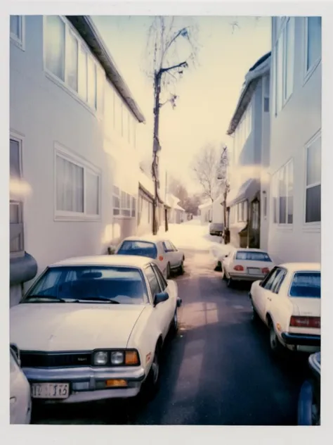 nkplr0, polaroid,  winter, cars,  soft lighting, high quality, film grain, Fujifilm, <lora:NuclearPolaroid1:1.5>