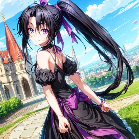day,street,castle,((two ponytails)),(masterpiece),(best quality),(ultra detail),(beautiful),(detailed hair),1 girl,solo,(Serafall Leviathan dxd),dark pink eyes,(black hair),long hair,purple eyes,smiling,dress,long_dress,summer_dress,gothic,medium breasts,standing,looking at viewer,<lora:add_detail>,<lora:dxdV11:0.7>,