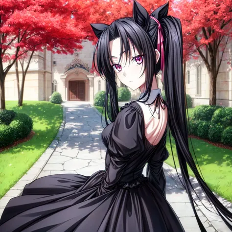 absurdres,day,street,mansion,trees,grass,entrance to the mansion,in summer,beautiful background,
((two ponytails)),(Serafall Leviathan dxd),(masterpiece),(best quality),(ultra detail),(beautiful),(detailed hair),hands behind the dress,
1girl,solo,pink eyes,(black hair),medium breasts,long hair,white_skin,slender,slender_waist,Tsundere,standing,
(dark dress),dress,long_dress,gothic,Medium length skirt,looking at viewer,<lora:add_detail:1.1>,<lora:dxdV11-000003:0.7>,
