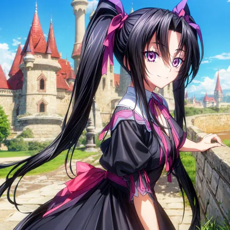 day,street,castle,((two ponytails)),(masterpiece),(best quality),(ultra detail),(beautiful),(detailed hair),1 girl,solo,(Serafall Leviathan dxd),dark pink eyes,(black hair),long hair,purple eyes,smiling,dress,long_dress,summer_dress,gothic,medium breasts,standing,looking at viewer,<lora:add_detail>,<lora:dxdV11:0.7>,