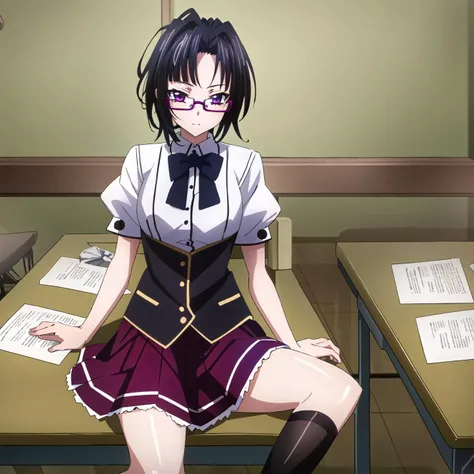 masterpiece, best quality, ultra-detailed, hires, beautiful, detailed hair and eyes,
solo, 1girl, sona sitri dxd,purple eyes, glasses, black hair, short hair,
school uniform, skirt, purple skirt, (dxd clothes:1.4),puffy short sleeves,white shirt,
<lora:dxd:0.65>,
full body, sitting on desk