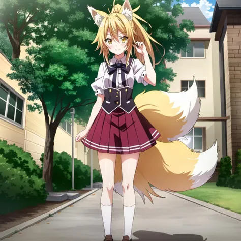 masterpiece, best quality, ultra-detailed, hires, beautiful, detailed hair and eyes,
solo, tail, animal ears, fox tail,  1girl, blonde hair, fox ears, yellow eyes, multiple tails , ponytail, multicolored hair, kunou dxd, kitsune,  small girl, smile,
school uniform, skirt, purple skirt, (dxd clothes:1.4),puffy short sleeves,white shirt,
 <lora:dxd:0.65>, 
standing,
school,
full body,