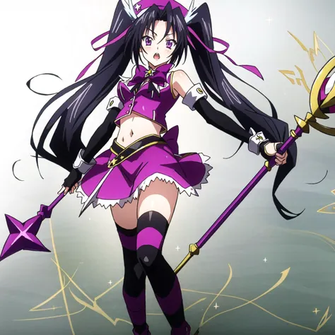 masterpiece, best quality, ultra-detailed, hires, beautiful, detailed hair and eyes,
solo, twintails, black hair, long hair, purple eyes, open mouth, Serafall Leviathan dxd,
thighhighs, striped,gloves, striped thighhighs,midriff, navel,hat, skirt,magical girl, fingerless gloves, black-purple thighhighs, holding staff,
<lora:dxd:0.65>,
full body, standing