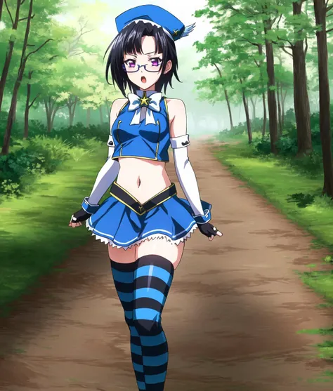 masterpiece, best quality, ultra-detailed, hires, beautiful, detailed hair and eyes,
solo, 1girl, sona sitri dxd,purple eyes, glasses, black hair, short hair, small breasts,
skirt, navel, purple eyes, midriff, open mouth, magical girl, fingerless gloves,black gloves, hat, (striped thighhighs), bare shoulders, light blue clothes, (blue-white thighhighs), elbow gloves, \m/,
<lora:dxd:0.65>,
full body, standing, forest background,