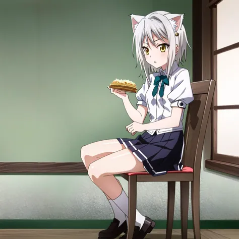 masterpiece, best quality, ultra-detailed, hires, beautiful, detailed hair and eyes,
solo,animal ears, cat hair ornament, solo, yellow eyes, cat ears, hair ornament, short hair, grey hair, koneko toujou dxd, small breasts,
school uniform, skirt, purple skirt, (dxd clothes:1.4),puffy short sleeves,white shirt,
<lora:dxd:0.65>,
sitting on chair, eatng food,
(full body),