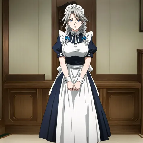 masterpiece, best quality, ultra-detailed, hires, beautiful, detailed hair and eyes,
adult woman, solo, braid, twin braids, breasts, grey hair, large breasts, v arms, long hair, (Grayfia Lucifuge dxd),
wrist cuffs, apron, ribbon, puffy sleeves,maid, maid headdress,
<lora:dxd:0.65>,
full body, standing