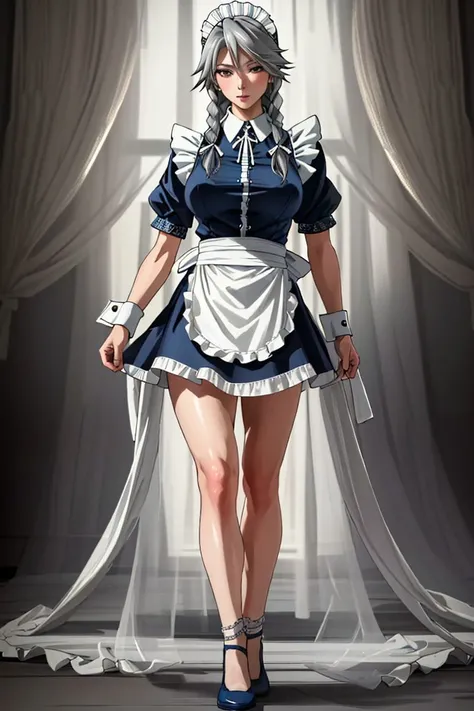 adult woman, solo,  braid, twin braids, breasts, grey hair, large breasts, (long hair),  (Grayfia Lucifuge dxd),
wrist cuffs, apron, ribbon, puffy sleeves,maid, maid headdress, skirt,
standing sexy, sexy, fit, shapely hips, seductive expression, long legs, extremely aroused, 
(masterpiece:1.2), (intricate details:1.2), (best quality:1.1), (ultra detailed), (8k, 4k), (realistic:1.6), ((full-body-shot:1.4)), (highly detailed:1.2), (detailed face:1.2), (detailed eyes:1.2), (detailed background), (dynamic pose:1.4), pronounced feminine feature, beautiful,
<lora:dxd:0.5>,  <lora:fitgirl_4:0.5>