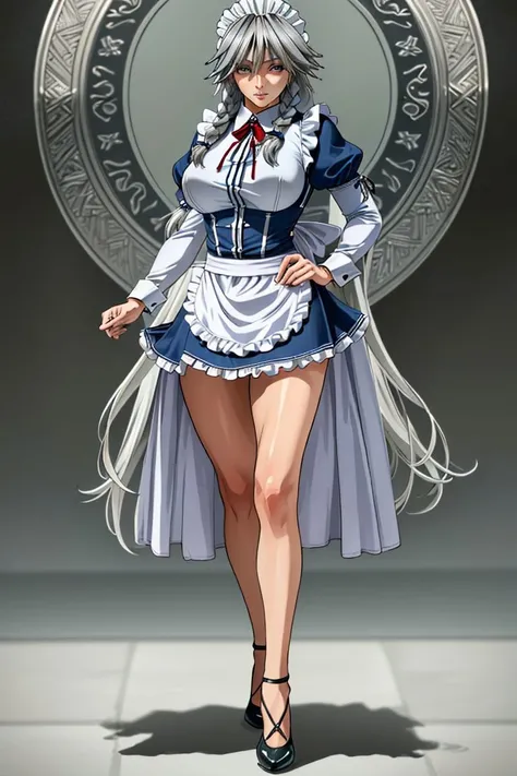adult woman, solo,  braid, twin braids, breasts, grey hair, large breasts, (long hair),  (Grayfia Lucifuge dxd),
wrist cuffs, apron, ribbon, puffy sleeves,maid, maid headdress, long skirt,
standing sexy, sexy, fit, shapely hips, seductive expression, long legs, extremely aroused, 
(masterpiece:1.2), (intricate details:1.2), (best quality:1.1), (ultra detailed), (8k, 4k), (realistic:1.6), ((full-body-shot:1.4)), (highly detailed:1.2), (detailed face:1.2), (detailed eyes:1.2), (detailed background), (dynamic pose:1.4), pronounced feminine feature, beautiful,
<lora:fitgirl_4:0.5>  <lora:dxdV11:0.5>