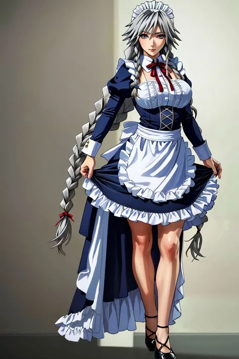 adult woman, solo,  braid, twin braids, breasts, grey hair, large breasts, (long hair),  (Grayfia Lucifuge dxd),
wrist cuffs, apron, ribbon, puffy sleeves,maid, maid headdress, long skirt,
standing sexy, sexy, fit, shapely hips, seductive expression, long legs, extremely aroused, 
(masterpiece:1.2), (intricate details:1.2), (best quality:1.1), (ultra detailed), (8k, 4k), (realistic:1.6), ((full-body-shot:1.4)), (highly detailed:1.2), (detailed face:1.2), (detailed eyes:1.2), (detailed background), (dynamic pose:1.4), pronounced feminine feature, beautiful,
<lora:fitgirl_4:0.5>  <lora:dxdV11:0.5>