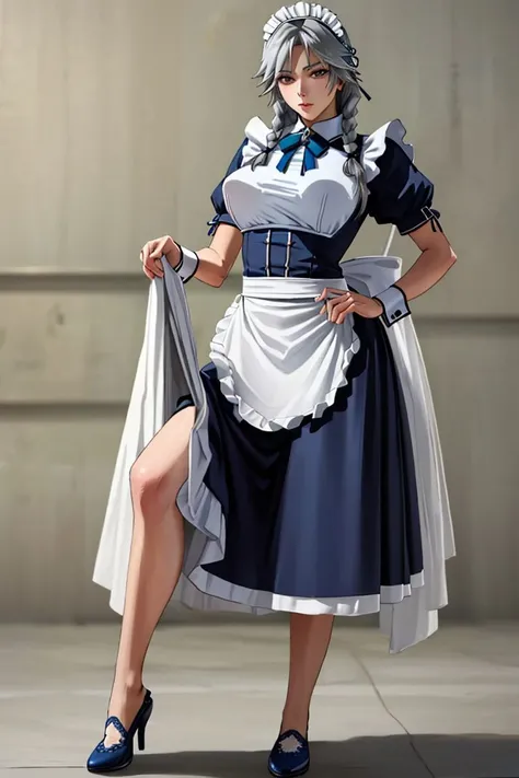 adult woman, solo,  braid, twin braids, breasts, grey hair, large breasts, (long hair),  (Grayfia Lucifuge dxd),
wrist cuffs, apron, ribbon, puffy sleeves,maid, maid headdress, long skirt,
standing sexy, sexy, fit, shapely hips, seductive expression, long legs, extremely aroused, 
(masterpiece:1.2), (intricate details:1.2), (best quality:1.1), (ultra detailed), (8k, 4k), (realistic:1.6), ((full-body-shot:1.4)), (highly detailed:1.2), (detailed face:1.2), (detailed eyes:1.2), (detailed background), (dynamic pose:1.4), pronounced feminine feature, beautiful,
<lora:dxd:0.5>,  <lora:fitgirl_4:0.5>