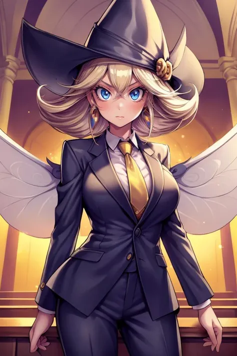 church interior, 1girl, (prettyeyes), solo, looking at viewer, serious, cowboy shot, <lora:GoodHands-beta2:0.8>, <lora:add_detail:0.4>, <lora:lemon_magician_girl:0.515> lemon_magician_girl, wings, fairy wings, large breasts, earrings, blonde hair, (wizard hat, yellow headwear), blue eyes, hat, jewelry, (black suit, suit jacket, suit pants, necktie, formal:1.2)