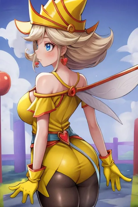 outdoors, sky, clouds, 1girl, solo, cowboy shot, facing away, <lora:GoodHands-beta2:0.8>, <lora:add_detail:0.4>, <lora:lemon_magician_girl:0.53> lemon_magician_girl, wings, fairy wings, large breasts, earrings, blonde hair, wizard hat, yellow headwear, blue eyes,  yellow clothes, yellow dress, short sleeves, bare shoulders, hat, jewelry, yellow gloves, thighhighs, pantyhose, from behind, back view, <lora:back_wings_v2:1>