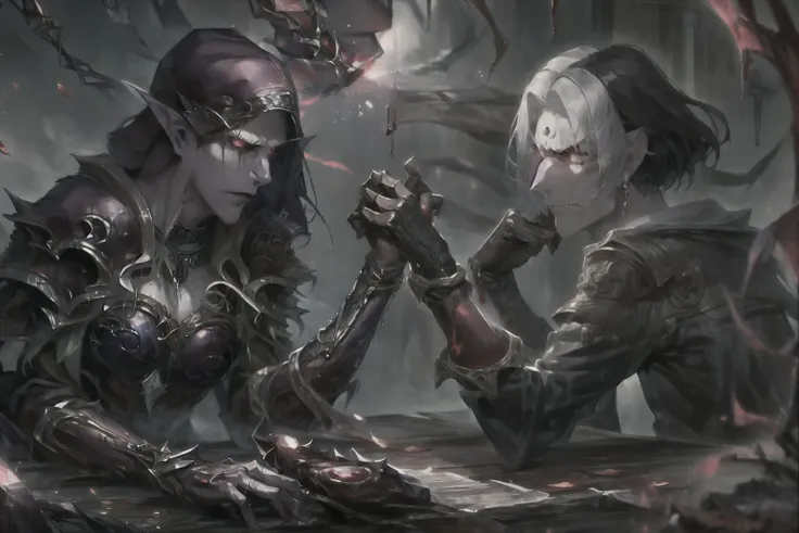 masterpiece, best quality, highres, ultra-detailed, arm wrestling, eye contact, glaring, <lora:BloodMagic-20:1.3> bloodmagic, fantasy, magical energy, blood, ADDBASE
sylvdark, glaring, angry, ADDCOL
1boy, emet selch, white streaked hair, black hair, glaring, (angry, frown)