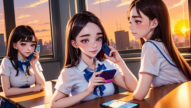 AIDA_dataran, standing in the school,  <lora:schoolgirl:0.9>  schoolgirl, teachers looking at her, students taking pictures of her with their cell phones, light coming through the windows in a warm sunset, she is blushing but pleased that they are looking at her. anime style by WLOP and Artgerm; artstation trending ; 4k digital camera, in the classroom!!!