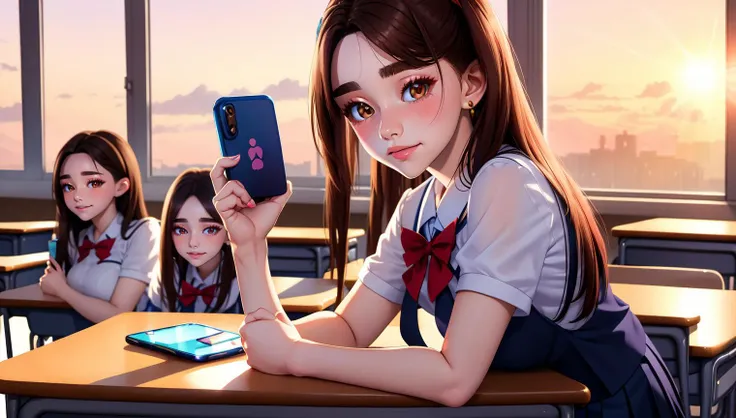 AIDA_dataran, standing in the school,  <lora:schoolgirl:0.9>  schoolgirl, teachers looking at her, students taking pictures of her with their cell phones, light coming through the windows in a warm sunset, she is blushing but pleased that they are looking at her. anime style by WLOP and Artgerm; artstation trending ; 4k digital camera, in the classroom!!!