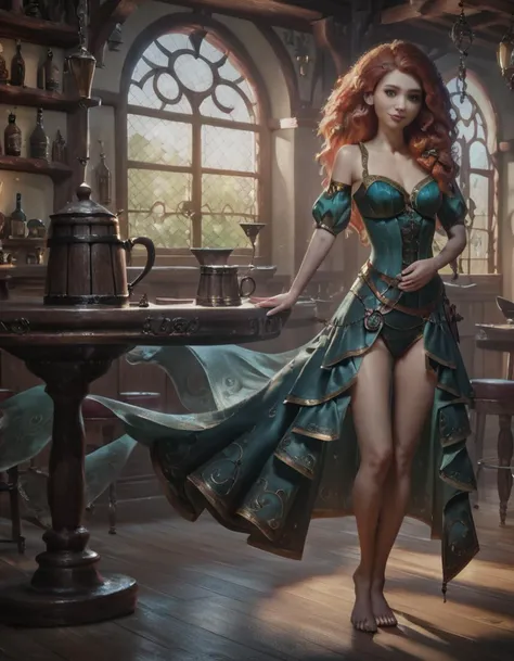 zPDXL, (best quality:1.2), (high res:1.2), (detailed:1.2), (nsfw:1.1), (masterpiece), realistic, (full body), 1girl, Disney's Merida, wearing A teal dress with gold accents and sometimes a bow and arrow, (extremely detailed CG unity 8k wallpaper), intricate, best lighting, ((tavern)), dark theme <lora:Concept Art Eclipse Style LoRA_Pony XL v6:1>,