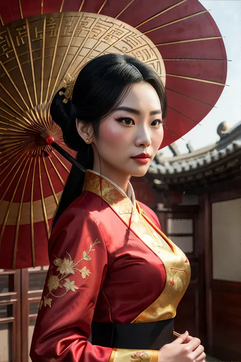 Disney's Fa Mulan, wearing Traditional Chinese clothing like a robe or dress with hair accessories and sometimes a fan or umbrella., portrait, photorealistic, professional photography, award winning photograph, masterpiece, 8k, high resolution, shallow depth of field, sharp focus