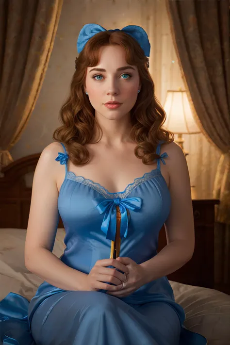 Disney's Wendy Darling, wearing A blue nightgown with a ribbon in her hair, sometimes with a nightcap., portrait, photorealistic, professional photography, award winning photograph, masterpiece, 8k, high resolution, shallow depth of field, sharp focus