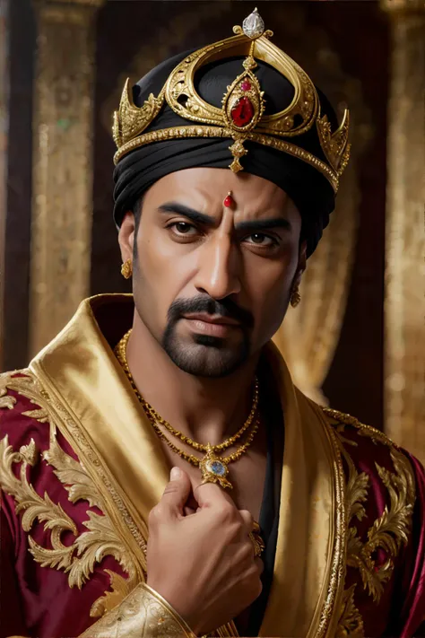Disney's Sultan, wearing Lavish robes or clothing with a turban or crown and sometimes a staff or jewelry., portrait, photorealistic, professional photography, award winning photograph, masterpiece, 8k, high resolution, shallow depth of field, sharp focus