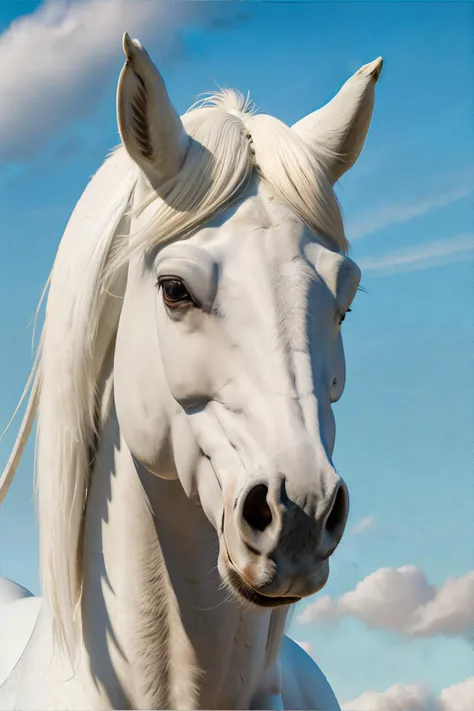 Disney's Pegasus, wearing No outfit, just a white winged horse., portrait, photorealistic, professional photography, award winning photograph, masterpiece, 8k, high resolution, shallow depth of field, sharp focus