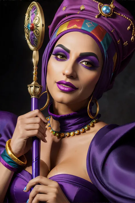 Disney's Clopin, wearing A colorful jester or gypsy outfit with a hat or headscarf and sometimes a tambourine or staff., portrait, photorealistic, professional photography, award winning photograph, masterpiece, 8k, high resolution, shallow depth of field, sharp focus