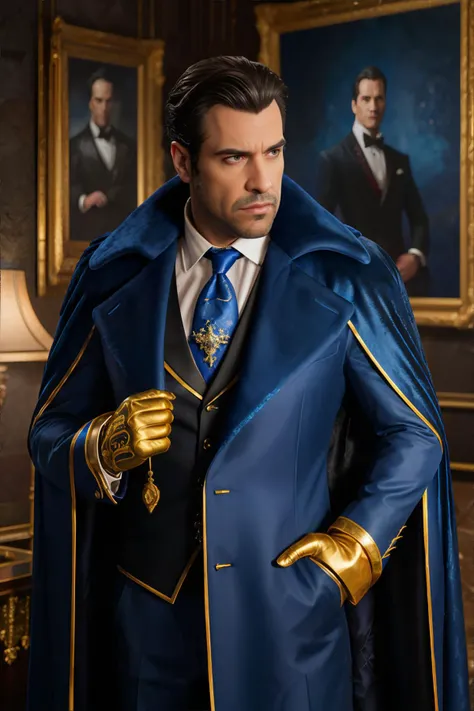Disney's The Beast, wearing A royal blue coat or suit with gold accents, sometimes with a cape or gloves., portrait, photorealistic, professional photography, award winning photograph, masterpiece, 8k, high resolution, shallow depth of field, sharp focus
