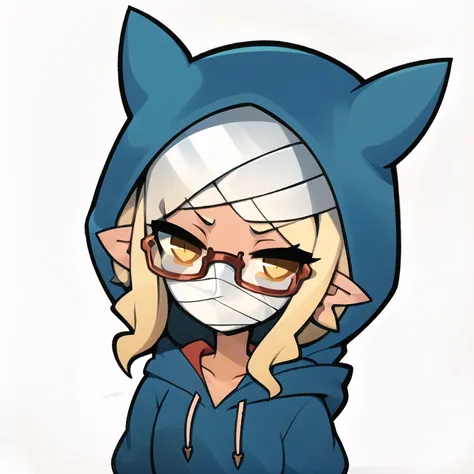 glasses, (mummy:1.3), bandages, bandage on face, bandaged neck, (blue hoodie:1.2), hood up, 1girl, (sticker:1.3) ,simple background, (chibi:1.2),flat color, outline <lora:Toru8pWavenChibiStyle_wavenchibiLoraV10:0.8>, <lora:nys:0.6>,